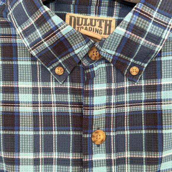 Duluth Trading Co shades of blue plaid button down shirt. Roll tab sleeves. XL. - Picture 2 of 11